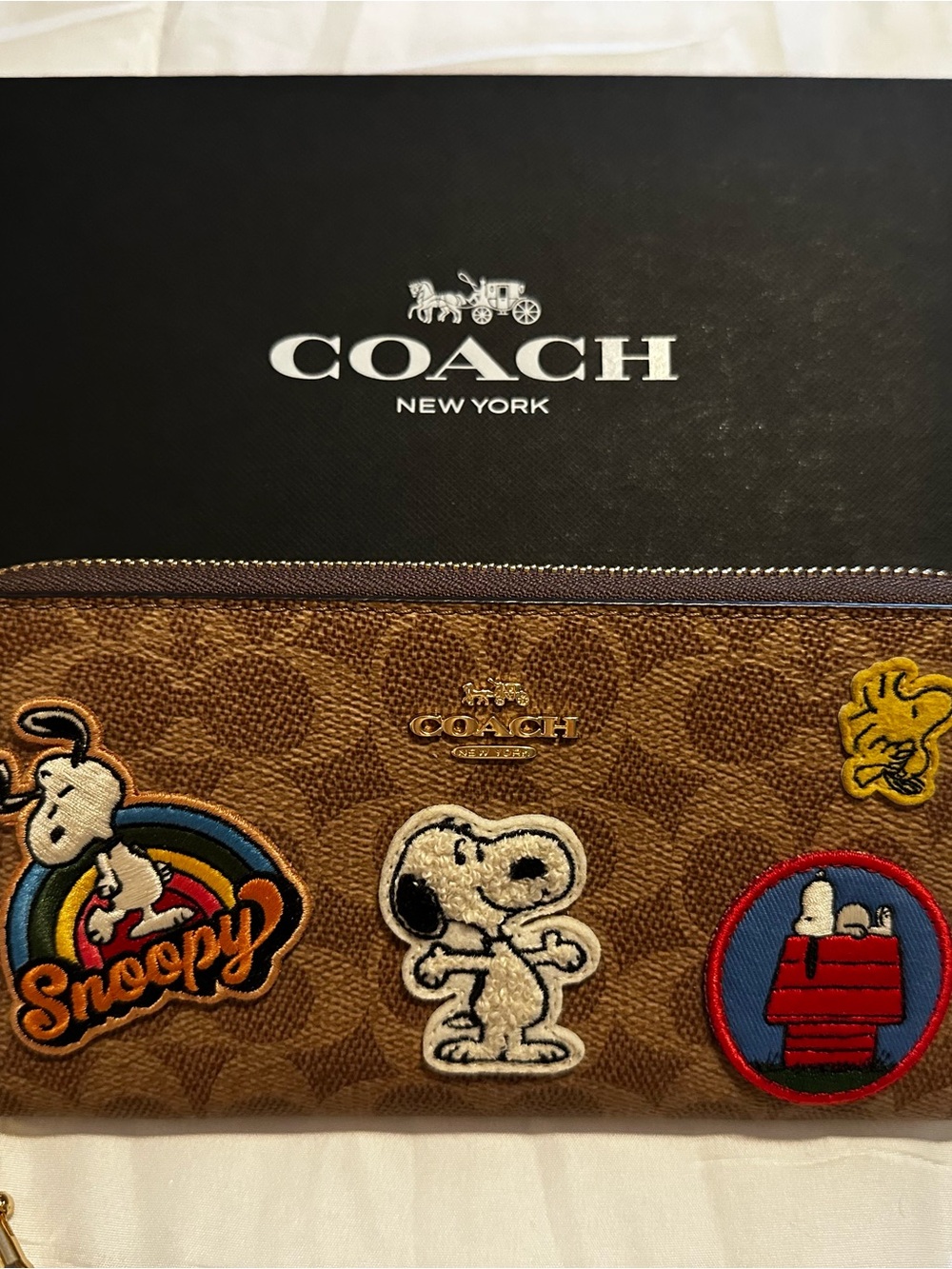 Coach Brown Signature Snoopy Patch Zip Around Wallet with Multicolor Patches